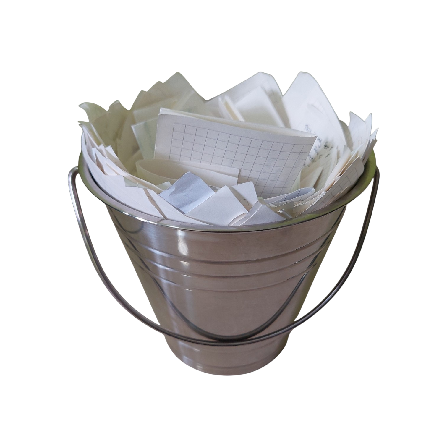 A bucket filled with folded notes